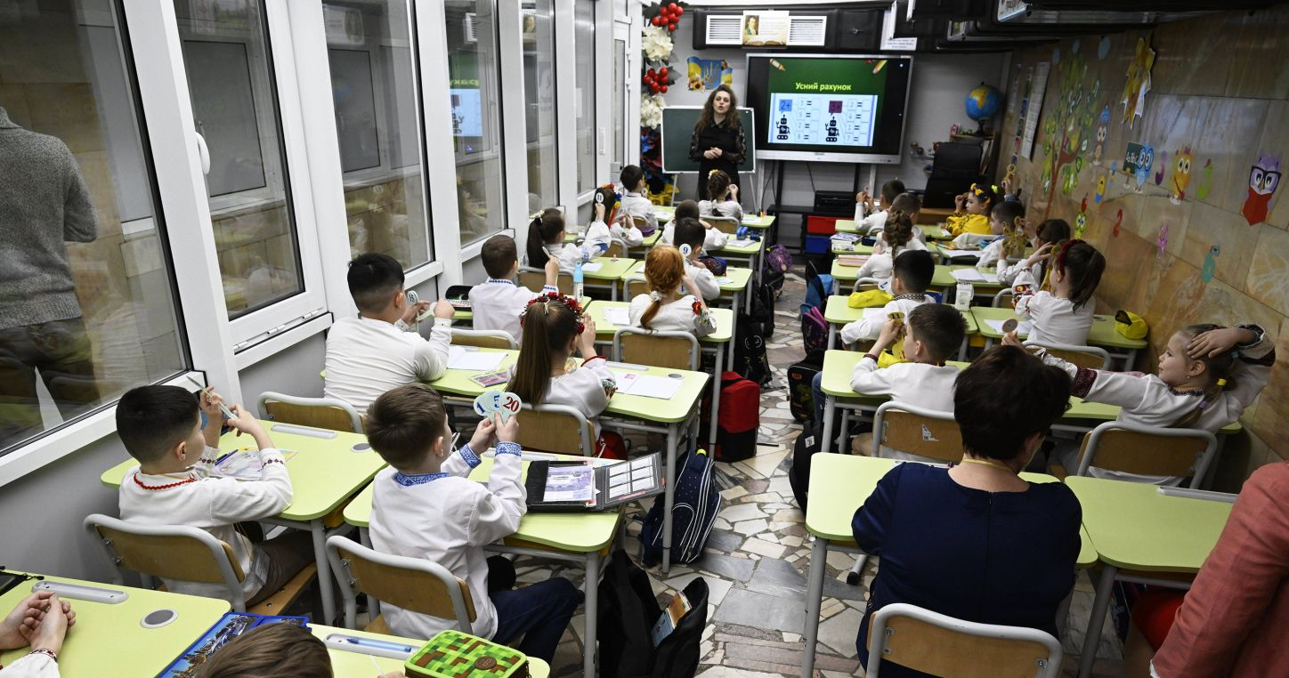First grade teacher Hanna Nieielova holds a lesson to pupils in a metro station school in Kharkiv, Ukraine, on April 4, 2024. Copyright: xVesaxMoilanenx