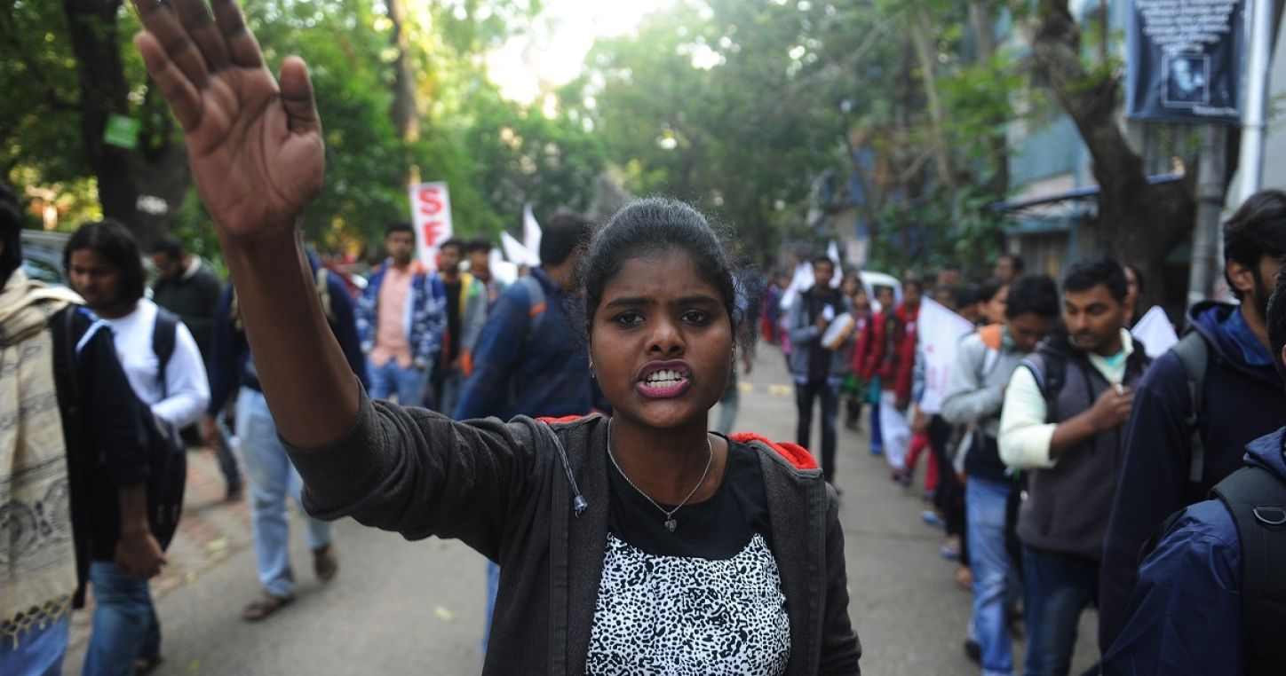 Students take part in a protest against the violence that erupted inside the Delhi-based Jawaharlal Nehru University in Kolkata, India, on Jan. 6, 2020.  Credit: Tumpa Mondal/Reporters/Photoshot