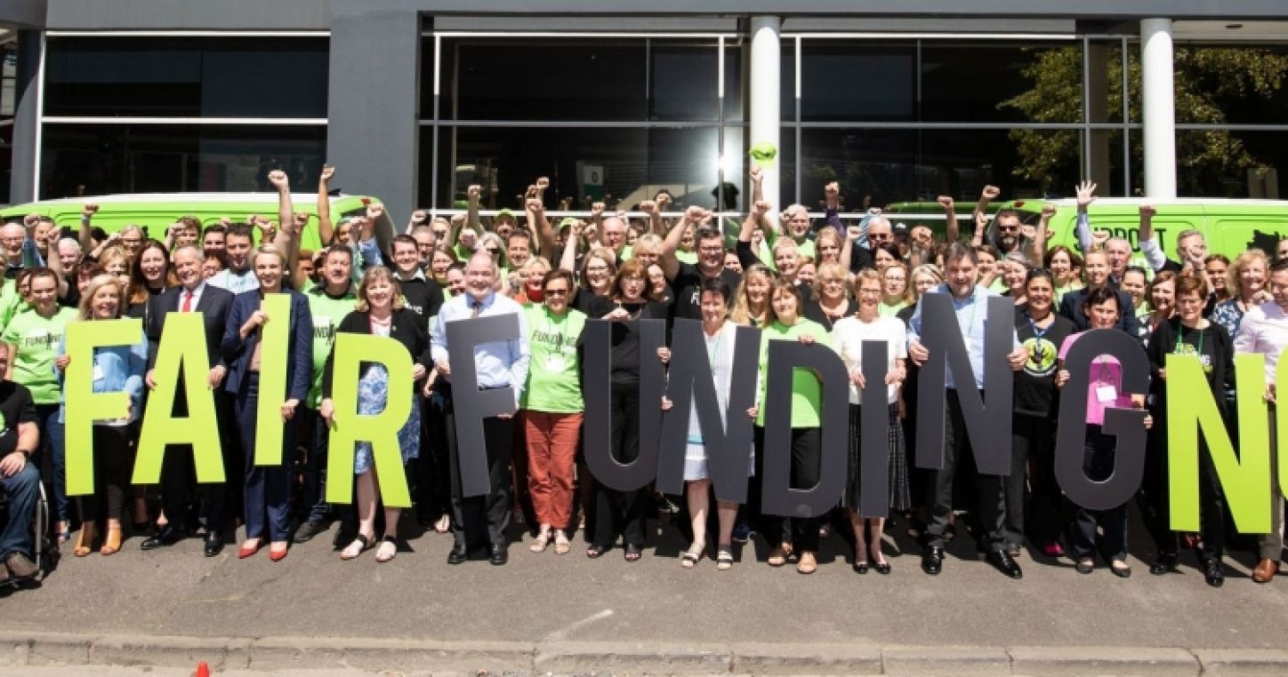 AEU state, territory and Federal leaders campaigning  for Fair Funding Now! for public schools. Labor party's Leader Bill Shorten is holding the A, and Labor's spokesperson for Education Tanya Plibersek is holding the I in “FAIR’.