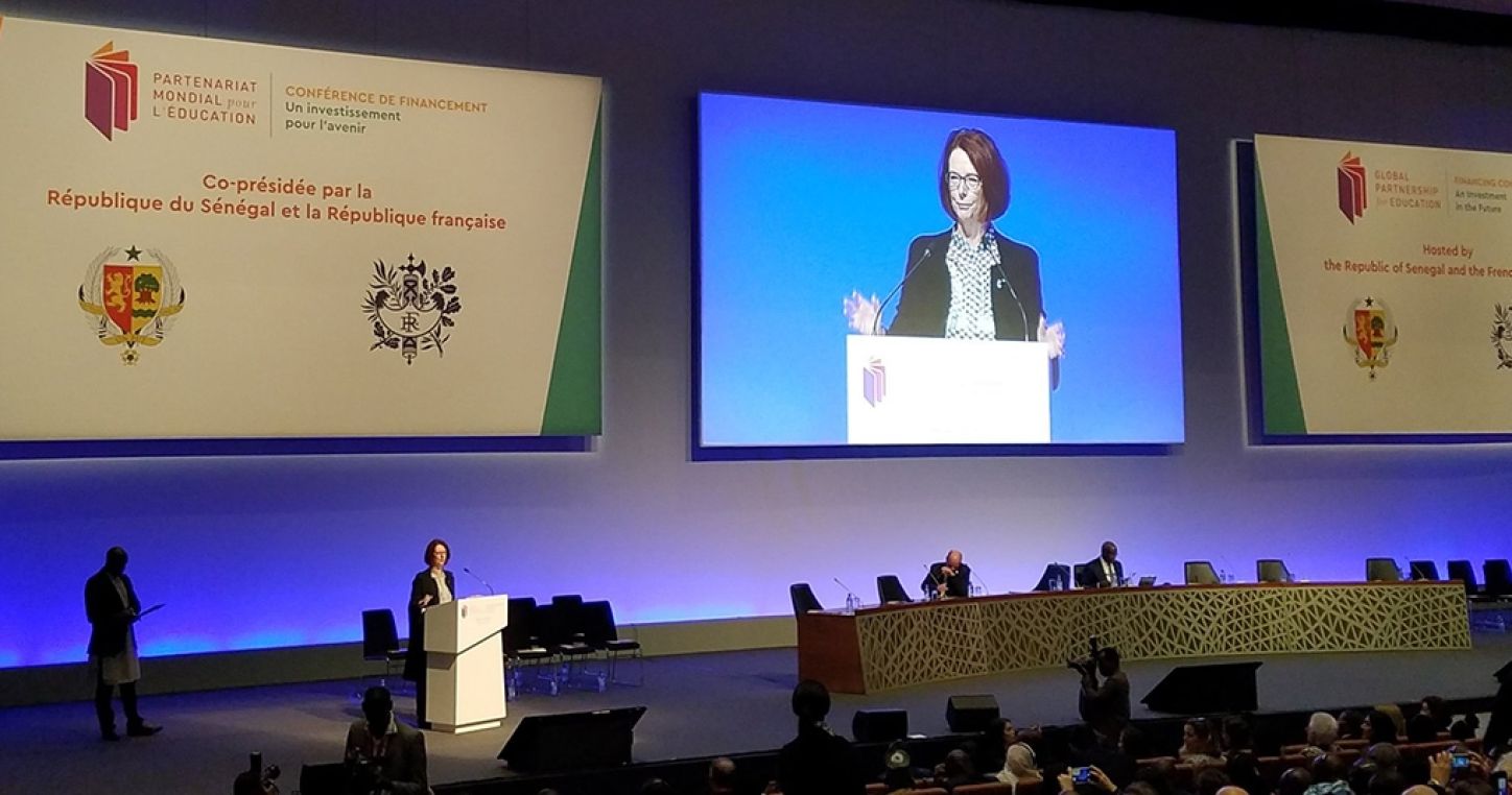 GPE Chair Julia Gillard addresses the Replenishment Conference. Image by Tanvir Muntasim via Twitter.