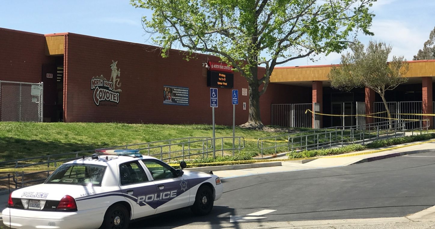 A police car is seen in front of the gate of North Park Elementary School in San Bernardino of California, the United States, on April 10, 2017. &copy; Reporters / Photoshot