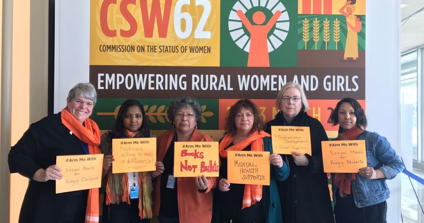 Trade unionists' action during CSW62 to commemorate the 17 staff and students killed on 14 February 2018 at a Florida high school
