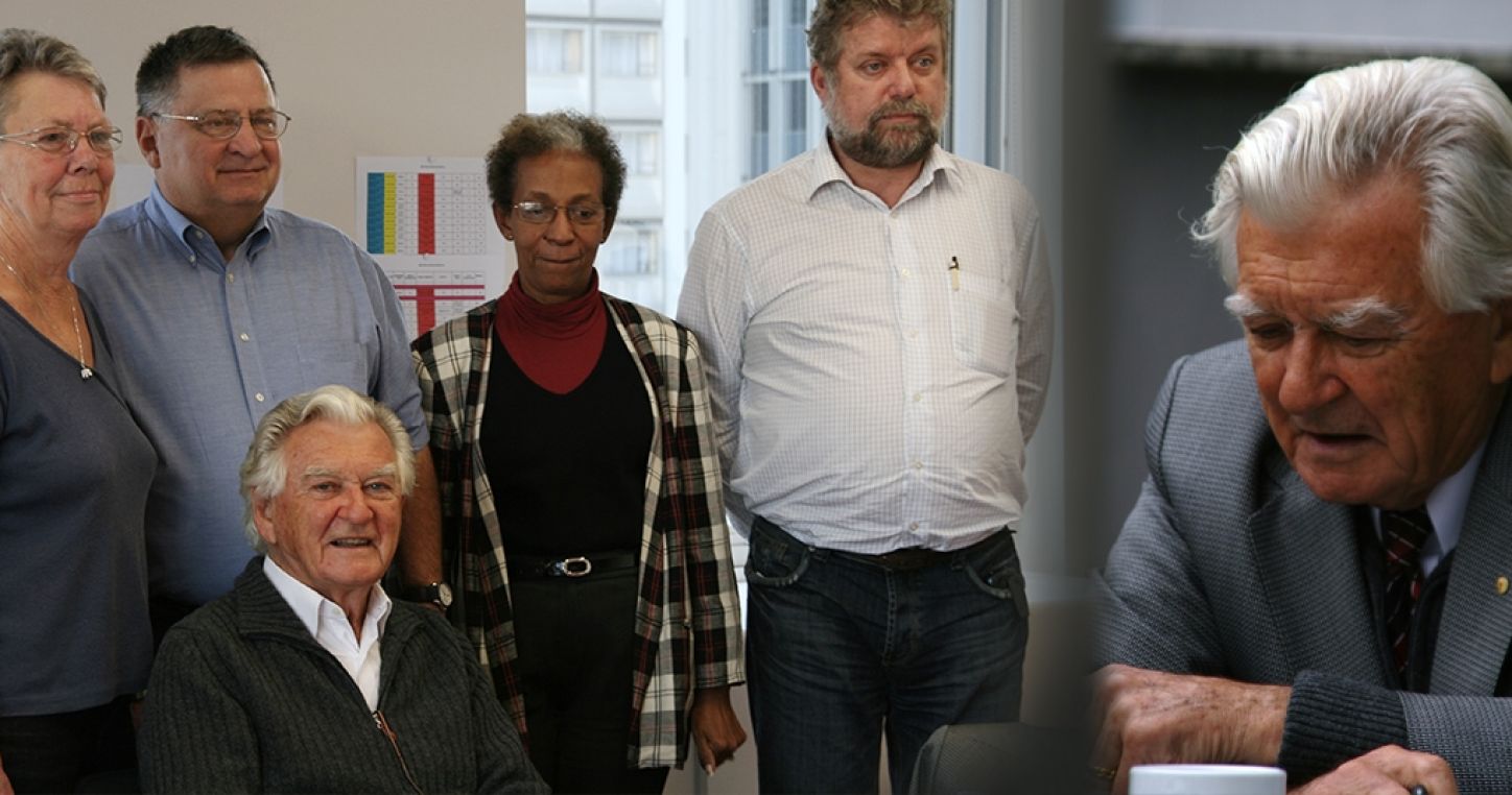 Left: Bob Hawke with colleagues Agneta Anderlund, Don Cameron, Marguerite Cummins-WIlliams, and Kjeld Jakobsen at Education International