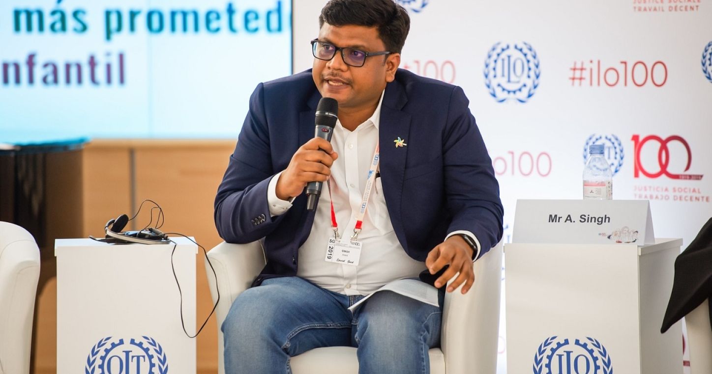 EI Chief Regional Coordinator for Asia-Pacific Anand Singh speaking to the International Labour Organisation’s Centenary Conference Forum on child labour.