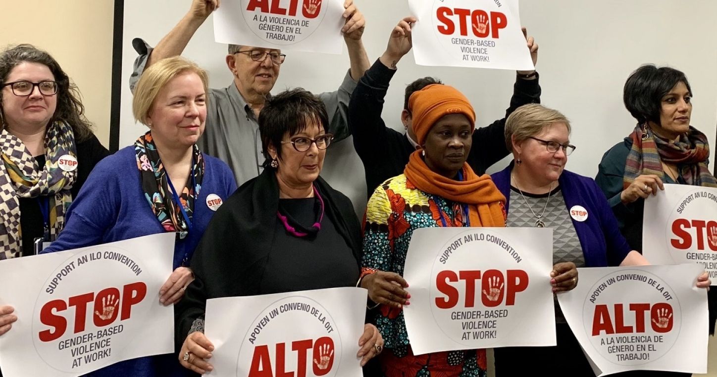 Women unionists at UNCSW63 supporting an ILO Convention on gender-based violence in the world of work.