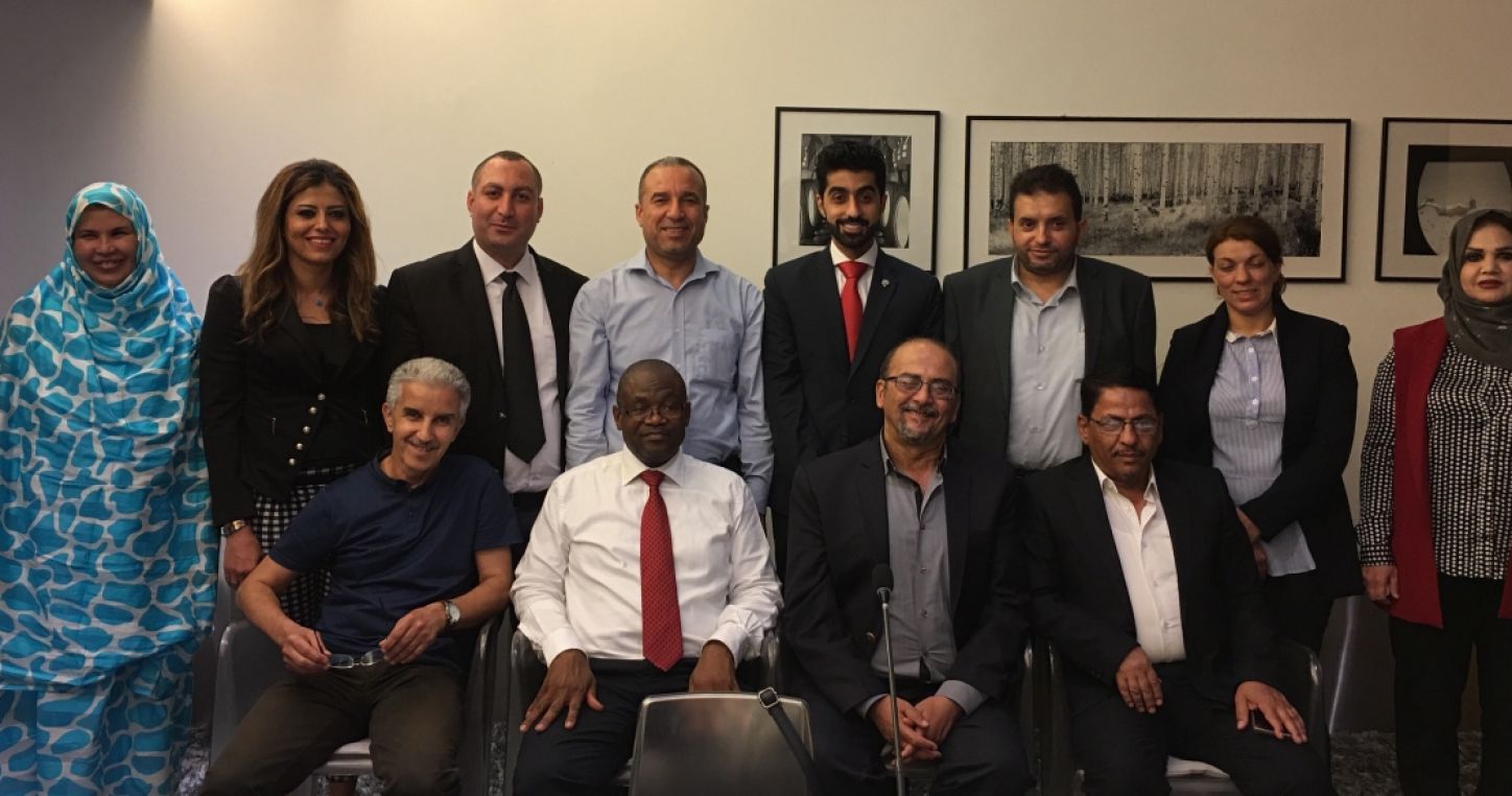 Back row (left to right): Lemeima Abd El Hamide (Mauretania), Manal Hdaife (Lebanon), Naguib Ikkene (Algeria), Slim Ghriss (Tunisia), Abdullah El Mehaini (Kuwait), Madhat Shtaya (Palestine), Meriem Mazari (Algeria), Hanan Faraj (Iraq).
Front row (left to right): Abdelmaoula Bouzzit, ACCRS Vice Chair (Morocco), Mugwena Maluleke (Executive Board), Hussein Boujarra, ACCRS Chair (Tunisia), Hasan Ahmed (Egypt).