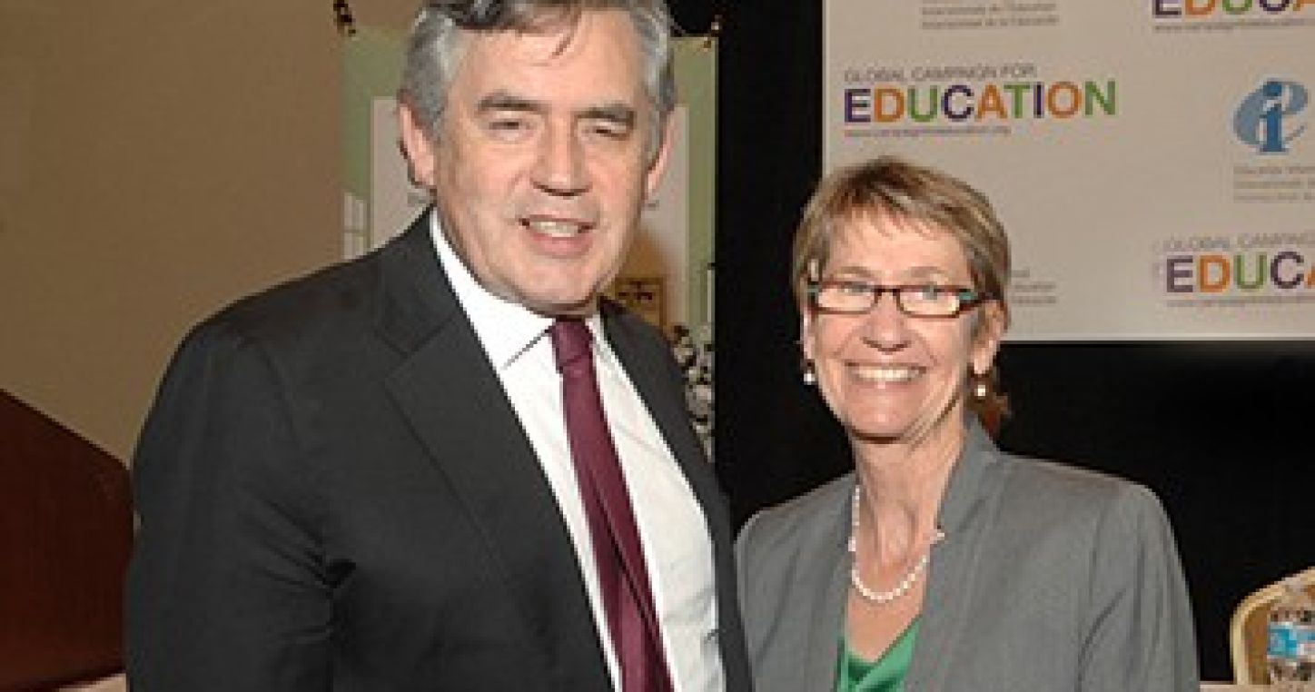 Susan Hopgood, Présidente de l'IE et Gordon Brown, Envoyé spécial des Nations Unies pour l'éducation, lors de l'événement IE/CME de New York