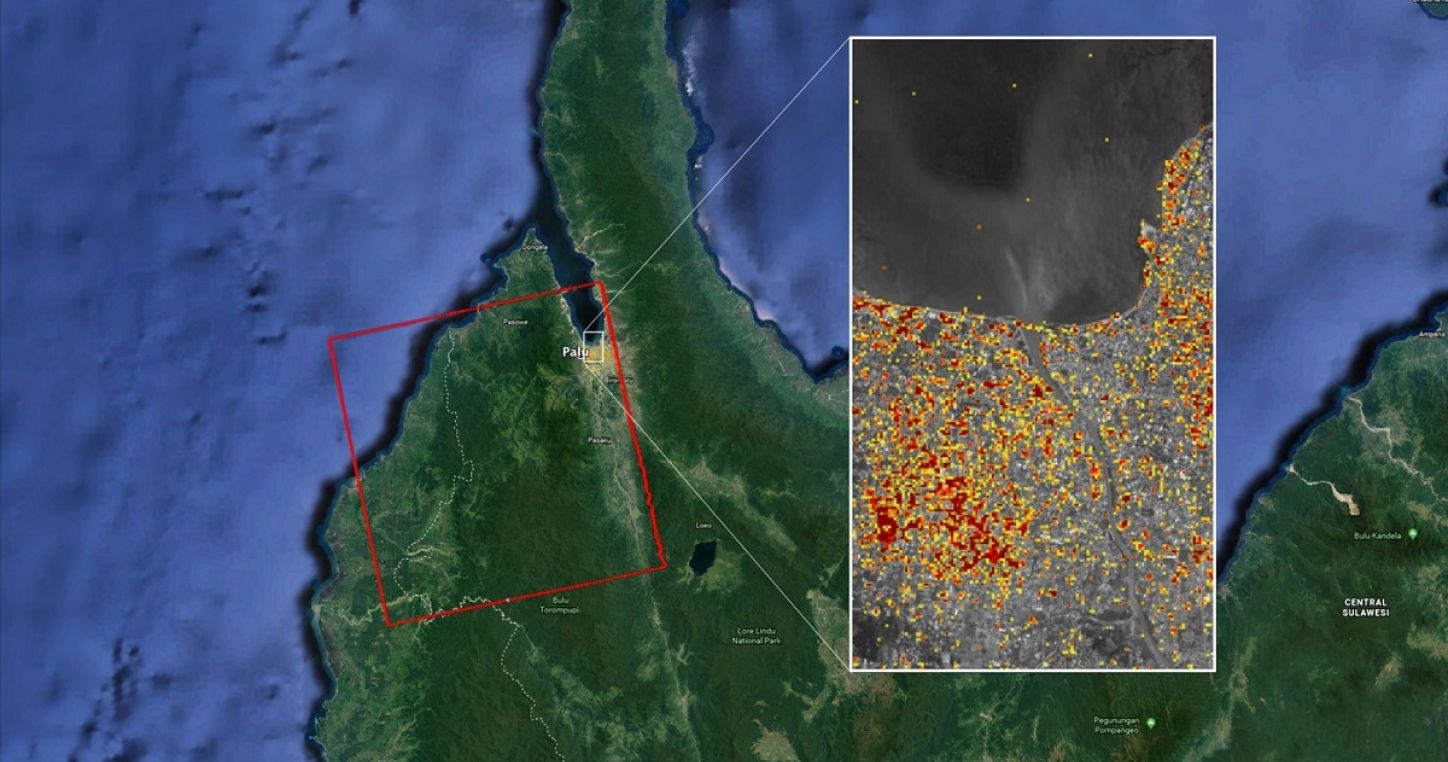 Carte de la NASA Damage Proxy Map montrant la région de Sulawesi cnetrale, en Indonésie, y compris la ville de Palu, suite au tremblement de terre de magnitude 7.5 du 28 septembre 2018. Crédits photo: NASA/JPL-Caltech/JAXA
