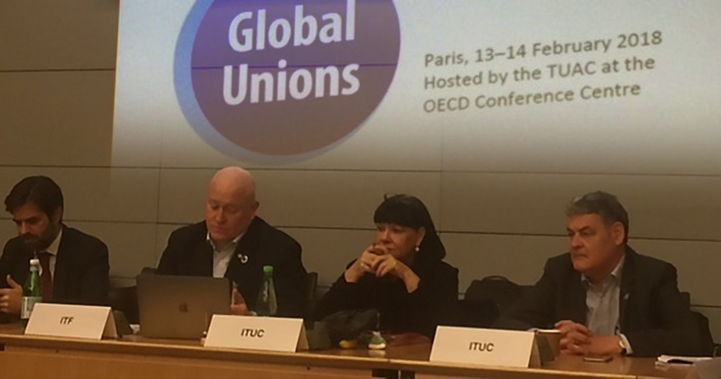 From left to right: Pierre Habbard, GS TUAC, Stephen Cotton, GS ITF, Sharan Burrow, GS ITUC, Tim Noonan, Head of Department ITUC