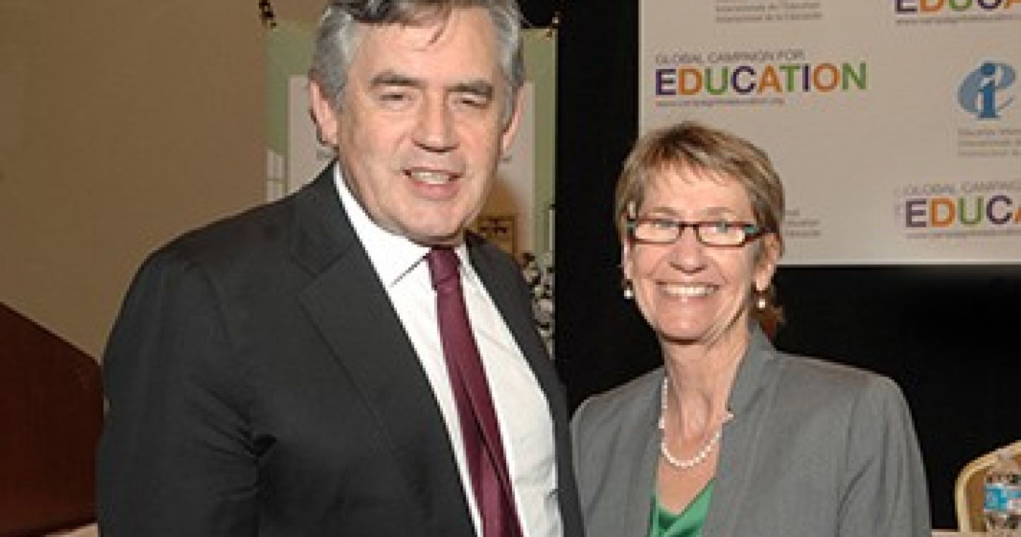 Susan Hopgood, Présidente de l'IE et Gordon Brown, Envoyé spécial des Nations Unies pour l'éducation, lors de l'événement IE/CME de New York